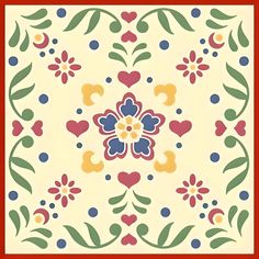 an artistic tile design with hearts and flowers on the bottom, red border around the edges