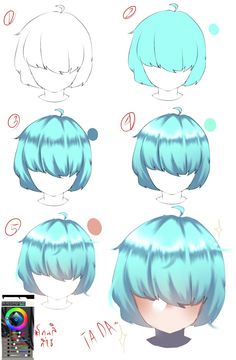 an anime character's hair is shown with different angles and colors, including blue