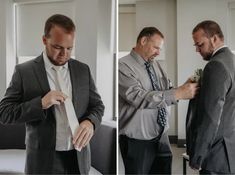 two men in suits and ties are tying their ties together while another man looks on