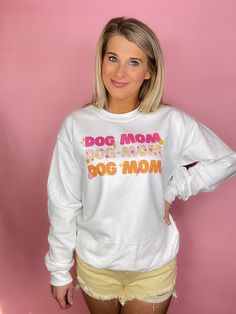 This limited edition Retro Dog Mom Sweatshirt is an ideal choice for the fashionable pet parent! Cozy, comfortable, and one of a kind - designed here at the sassy owl. Unisex and loose fitting Carrington has on a small. Trendy White Pre-shrunk Sweatshirt, Trendy Sweatshirt With Custom Print And Relaxed Fit, White Relaxed Fit Fun Sweatshirt, Trendy Relaxed Fit Sweatshirt With Custom Print, Playful Cotton Sweatshirt With Letter Print, Trendy Custom Print Relaxed Fit Sweatshirt, Funny White Relaxed Fit Sweatshirt, White Relaxed Fit Funny Sweatshirt, Playful Cotton Sweatshirt With Funny Print