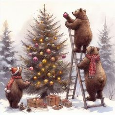 three bears are decorating a christmas tree with balls and bows on their heads, while another bear is climbing the ladder