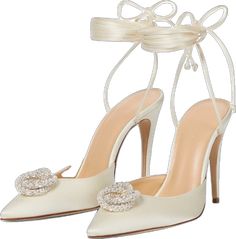 Luxury Satin Heels With Heel Strap, Satin Heels With Rhinestones And Pointed Toe, White Satin Wedding Shoes With Pointed Toe, Glamorous Ankle Tie Heels For Formal Occasions, Glamorous Ankle Tie Heels For Formal Events, Glamorous Embellished Satin Heels, Elegant Ankle Tie Heels, Elegant Wedding Shoes With Ankle Tie And Wrapped Heel, Elegant Ankle Tie Heels For Wedding