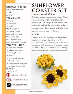 an advertisement for sunflower coaster crochet, with instructions on how to make it