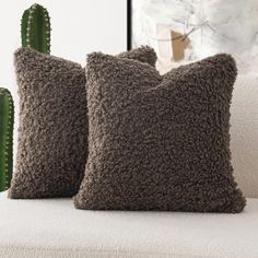 two brown pillows sitting on top of a white couch next to a green cactus plant