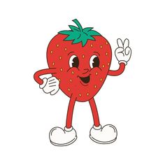 a cartoon strawberry waving and holding his hand up to the side, with one eye open