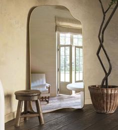 a large mirror sitting on top of a wooden table next to a potted plant