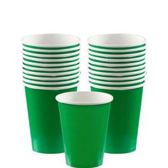 green cups with white stripes are stacked on each other