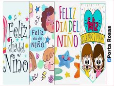 three different posters with cartoon characters and words in spanish, english, and french language