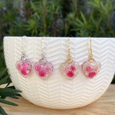 Handmade Resin Heart Earrings Dried Flower Earrings Pink - Etsy Resin Earrings With Flower Charm For Gift, Pink Heart-shaped Flower Earrings As Gift, Pink Heart-shaped Flower Earrings For Gift, Iridescent Resin, Dried Flower Earrings, Mustard Seed Jewelry, Seed Jewelry, Special Wedding Gifts, Real Flower Earrings