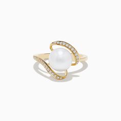 Effy Pearl 14K Yellow Gold Pearl and Diamond Ribbon Ring 14k Yellow Gold Pearl Ring With Center Stone, 14k White Gold Pearl Ring With Brilliant Cut, White 14k Gold Diamond Ring, Exquisite White 14k Gold Rings, 14k Gold Fine Jewelry Pearl Ring With Round Cut, 14k Gold Round Cut Pearl Ring - Fine Jewelry, 14k Gold Pearl Ring With Diamond Accents, Elegant Gold Bypass Ring With Gemstone, 14k Gold Pearl Ring With Round Cut Center Stone