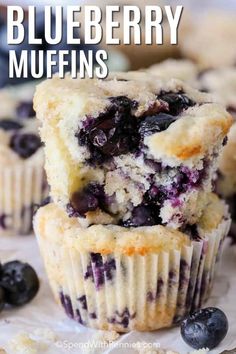 blueberry muffins are stacked on top of each other