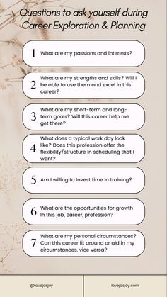 an info sheet with the words questions to ask yourself during career exploration and planning