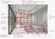 an architectural drawing of a bathroom with red scribbled lines on the walls and floor