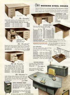 an advertisement for modern steel desks from the 1950's, showing different styles and finishes