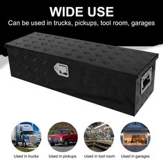 the side view of a large truck bed with different pictures and text describing how to use it