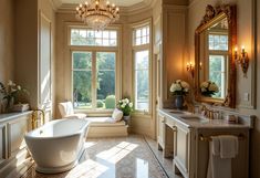 an elegant bathroom with chandelier, tub and large window overlooking the garden area