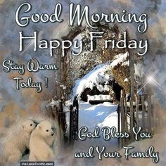 two white polar bears standing in front of a gate with the words good morning happy friday