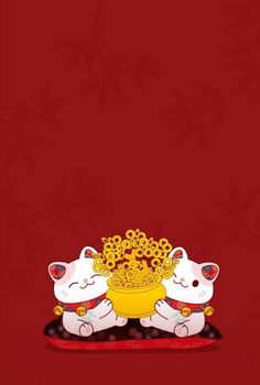 two white cats holding a gold bowl on top of a red surface with flowers in the background