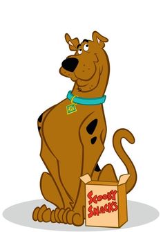 a cartoon dog sitting next to a box with the words scooby snacks on it