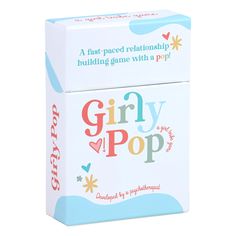 a card game box with the words girly pop on it's front and back