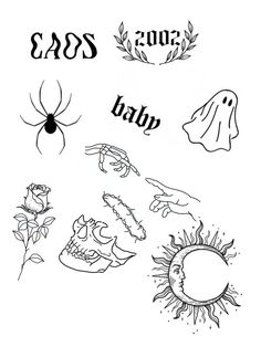 some black and white images with the words boos, ghost, and sun on them