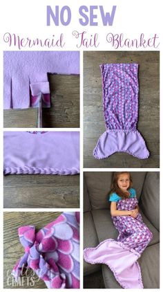 the mermaid tail blanket is made from purple fabric and has pink flowers on it, along with