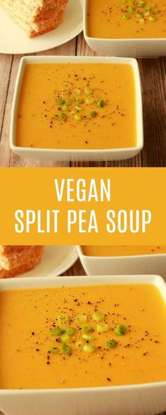 vegan split pea soup in white bowls with bread on the side and text overlay that reads, vegan split pea soup