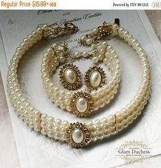 Bridal jewelry set Bridal choker necklace earrings by GlamDuchess Bridal Choker Necklace, Pearl Jewelry Set, White Victorian, Evening Jewelry, Bridal Choker, Bridal Jewelry Set, Detailed Necklace, Vintage Inspired Jewelry, Pearl Jewelry Sets