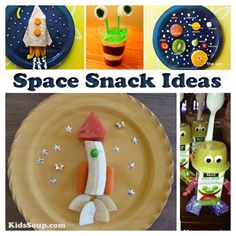 there are pictures of space snack ideas on the plate and in the background is an image of a rocket ship