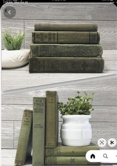 three books are stacked on top of each other and one has a plant in it