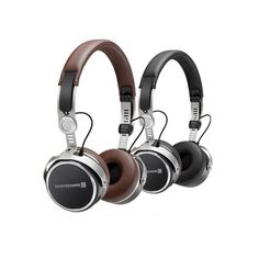 three headphones are shown with brown and black headsets on the top one is closed