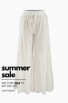 Buy Tiered Wide Leg Drawstring Pants at www.houseofhalley.com. ✓Free Shipping with US$69+ Vacation Loungewear Tie-side Bottoms, White Tie-side Bottom Pants For Summer, Non-stretch Drawstring Bottoms For Beach, Vacation Tie-side Bottoms With Elastic Waistband, White Bottoms For Loungewear On Vacation, White Tie-side Bottom Pants For Spring, White Lounge Bottoms For Vacation, White Loungewear Bottoms For Vacation, White Vacation Loungewear Bottoms