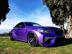 a purple car parked next to a tree