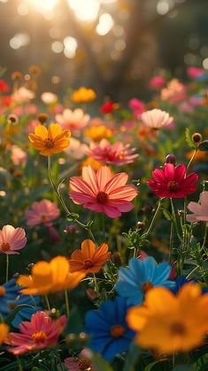 the sun shines brightly in the background of a field of colorful wildflowers