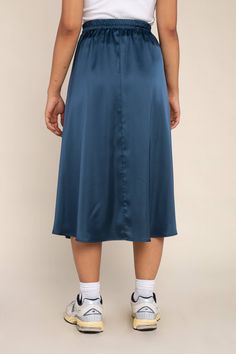 Midi length A-Line satin skirt with elastic at waistband Satin Midi Skirt, Satin Skirt, Dark Black, Midi Length, Midi Skirt, Satin, Dress Up