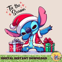 an image of a cartoon character with presents in front of the text tis the season