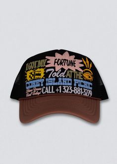 Fortune Trucker Hat – Coney Island Picnic Trendy Brown Trucker Hat For Streetwear, Trucker Hats With Graphic Print Snapback, Graphic Print Trucker Hat With Curved Brim, Hip Hop Trucker Hat With Graphic Print For Streetwear, Graphic Print Trucker Hat For Streetwear, Graphic Print Snapback Hat With Curved Bill For Streetwear, Black Graphic Print Trucker Hat, Black Trucker Hat With Graphic Print, Graphic Print Curved Bill Snapback For Streetwear