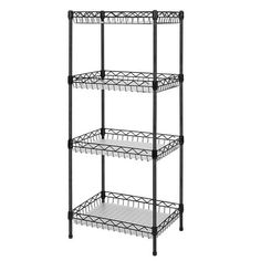 four tier shelving unit with wire baskets on the bottom, and two shelves below