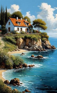 a painting of a house by the ocean