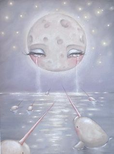 a painting of two white mice floating in the water with their eyes open and one is staring at the moon