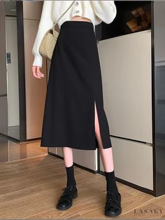 Lasaky - Professional Split Skirt: Versatile Elastic High Waist Skirt – Ideal for Everyday Wear – Womens Fashion Side Split Skirt, Everyday Skirts, Black A Line Skirt, Chic French Style, Black Long Dress, Line Fashion, Hip Skirt, Split Skirt, Half Skirt