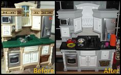 before and after photos of a toy kitchen