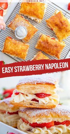 an easy strawberry naupole on a cooling rack with strawberries and powdered sugar