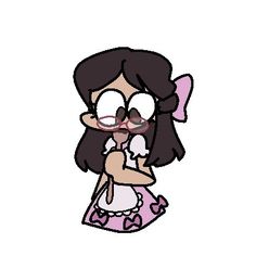 a cartoon girl with glasses and a pink dress