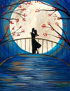 a painting of a man and woman kissing on a bridge with the moon in the background