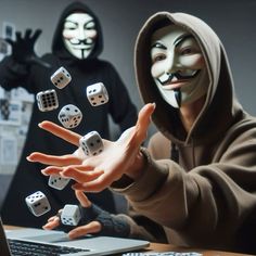 two people wearing masks and holding dices in front of a laptop computer with the faces of anonymous - clowns behind them