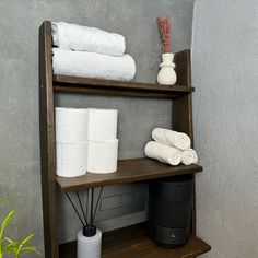 a shelf with several rolls of toilet paper on top of it next to a potted plant