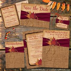 the wedding stationery is set up on burlock paper with fall leaves and ribbons