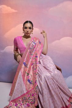 Fabric : Paithani Silk. Color : Lavender Purple Length : 5.5 Meter Saree + 0.80 Meter Blouse. Pattern : Zari Woven All Over. Border : Meenakari Zari Woven Paithani Border. Wash : Dry Clean Only Product color may little differ as per the brightness or color settings of your device. Pink Paithani Saree, Pink Paithani, Indo Western Saree, Paithani Blouse, Saree Paithani, Paithani Silk Saree, Saree Organza, Saree Kanjivaram, Tussar Saree