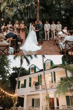 the wedding party is in front of an old house with green shutters and palm trees